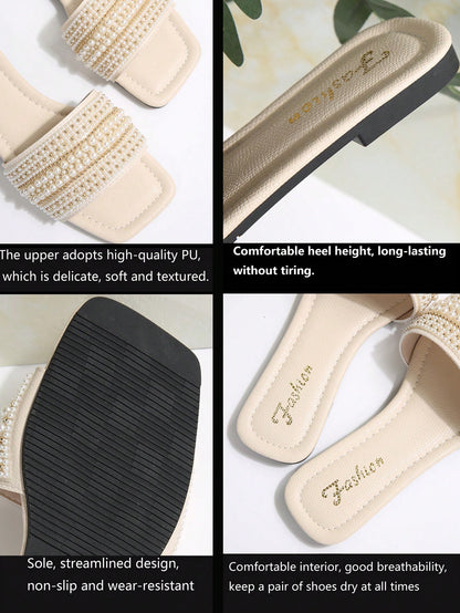 New Plus Size Luxury Anti-Slip Square Toe Mule Rhinestone & Pearl Embellished Fashion Versatile Women Beach Vacation Sandals,Spring Summer Outfits