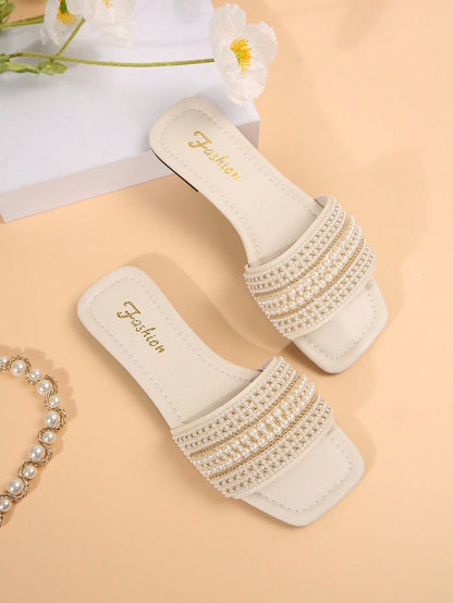 New Plus Size Luxury Anti-Slip Square Toe Mule Rhinestone & Pearl Embellished Fashion Versatile Women Beach Vacation Sandals,Spring Summer Outfits