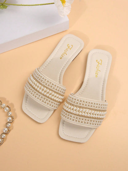 New Plus Size Luxury Anti-Slip Square Toe Mule Rhinestone & Pearl Embellished Fashion Versatile Women Beach Vacation Sandals,Spring Summer Outfits