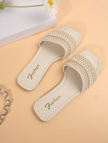 New Plus Size Luxury Anti-Slip Square Toe Mule Rhinestone & Pearl Embellished Fashion Versatile Women Beach Vacation Sandals,Spring Summer Outfits
