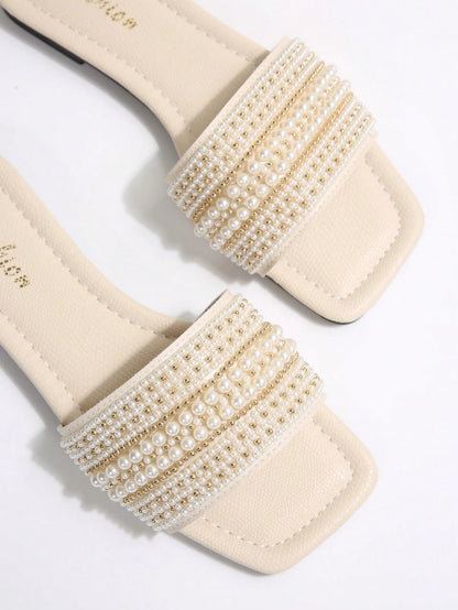 New Plus Size Luxury Anti-Slip Square Toe Mule Rhinestone & Pearl Embellished Fashion Versatile Women Beach Vacation Sandals,Spring Summer Outfits
