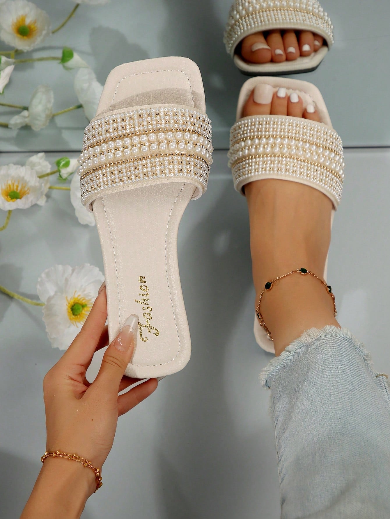 New Plus Size Luxury Anti-Slip Square Toe Mule Rhinestone & Pearl Embellished Fashion Versatile Women Beach Vacation Sandals,Spring Summer Outfits