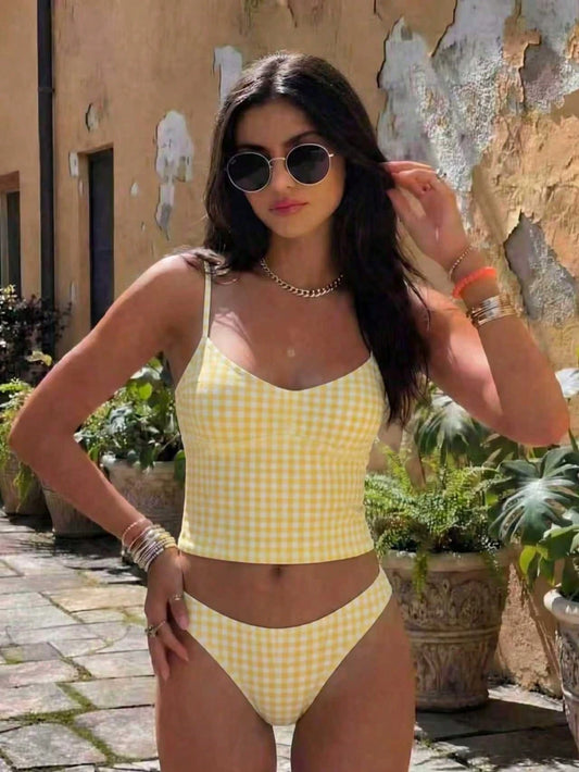 New Spring/Summer French Retro Yellow Plaid Sexy Casual Elegant Halter Tie Waist Slimming Beach Holiday Party Swimsuit Set