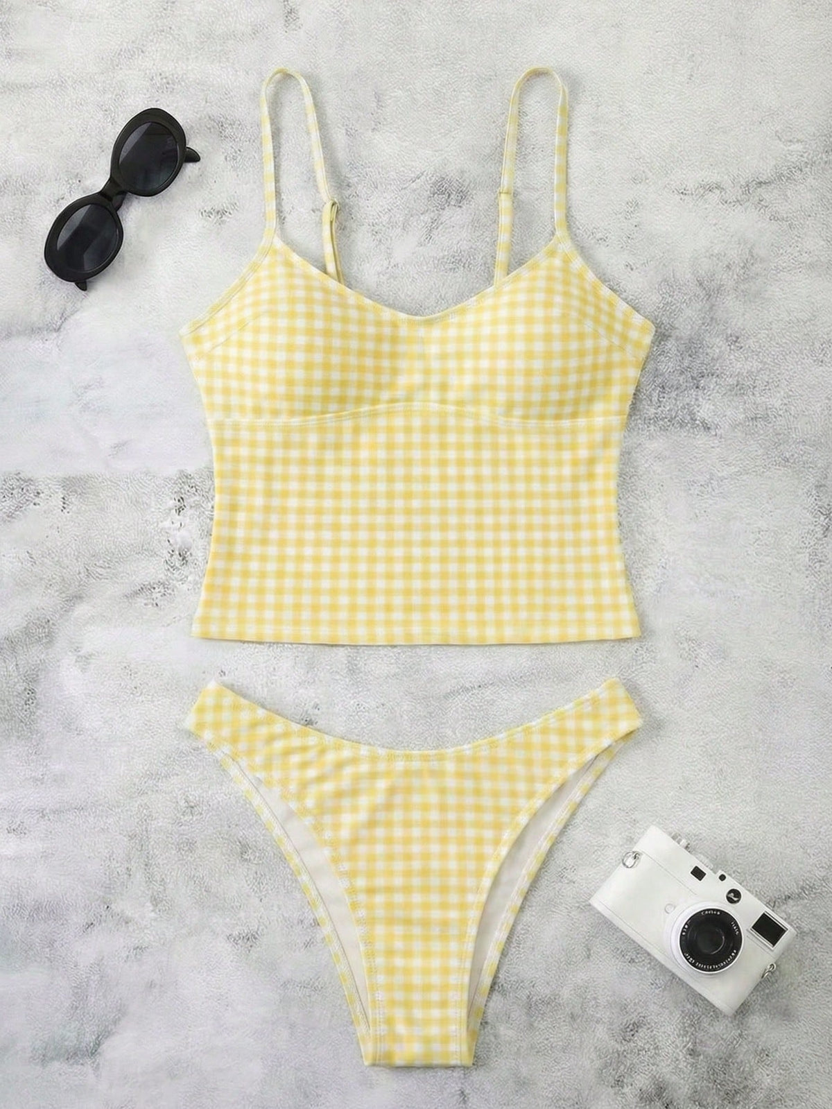 New Spring/Summer French Retro Yellow Plaid Sexy Casual Elegant Halter Tie Waist Slimming Beach Holiday Party Swimsuit Set