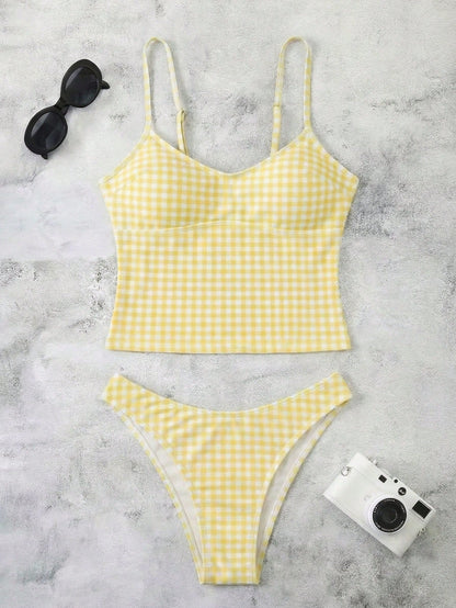 New Spring/Summer French Retro Yellow Plaid Sexy Casual Elegant Halter Tie Waist Slimming Beach Holiday Party Swimsuit Set