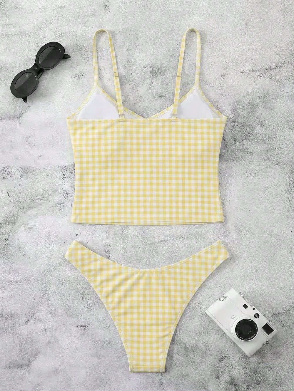 New Spring/Summer French Retro Yellow Plaid Sexy Casual Elegant Halter Tie Waist Slimming Beach Holiday Party Swimsuit Set