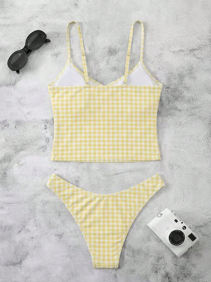 New Spring/Summer French Retro Yellow Plaid Sexy Casual Elegant Halter Tie Waist Slimming Beach Holiday Party Swimsuit Set