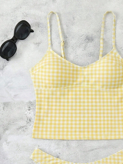 New Spring/Summer French Retro Yellow Plaid Sexy Casual Elegant Halter Tie Waist Slimming Beach Holiday Party Swimsuit Set