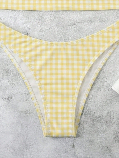 New Spring/Summer French Retro Yellow Plaid Sexy Casual Elegant Halter Tie Waist Slimming Beach Holiday Party Swimsuit Set
