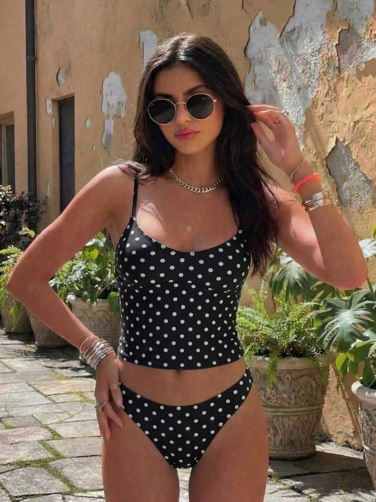 New Spring/Summer French Retro Yellow Plaid Sexy Casual Elegant Halter Tie Waist Slimming Beach Holiday Party Swimsuit Set