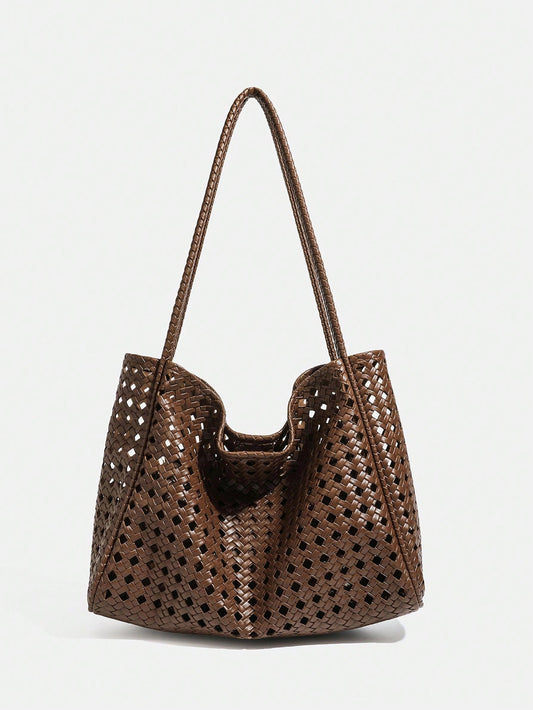 New Vintage Brown Woven Mother-Daughter Large Capacity Tote Bag 2 Pieces Set Women's Commuter Shoulder Underarm Bag Autumn/Winter Premium Versatile Casual Handbag