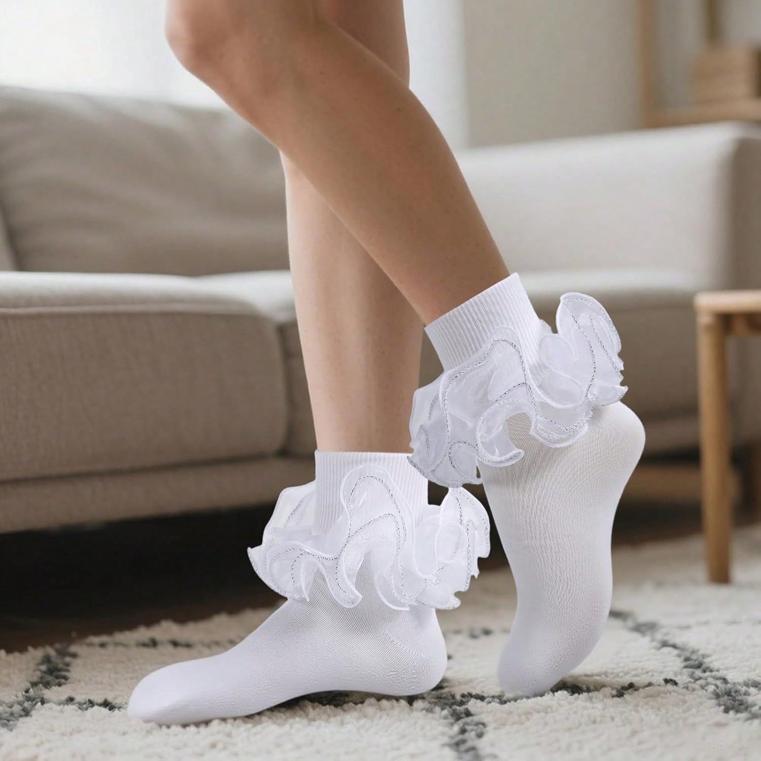 NEW Women Big Ruffle Ankle Socks Adult Fluffy 4-Layer Lace Frilly Socks Fold Cuff Cotton Fancy Ruffled Dress Sock
