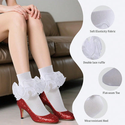 NEW Women Big Ruffle Ankle Socks Adult Fluffy 4-Layer Lace Frilly Socks Fold Cuff Cotton Fancy Ruffled Dress Sock