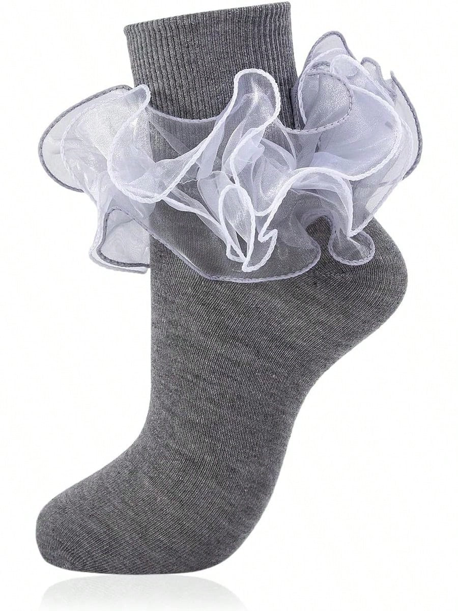 NEW Women Big Ruffle Ankle Socks Adult Fluffy 4-Layer Lace Frilly Socks Fold Cuff Cotton Fancy Ruffled Dress Sock