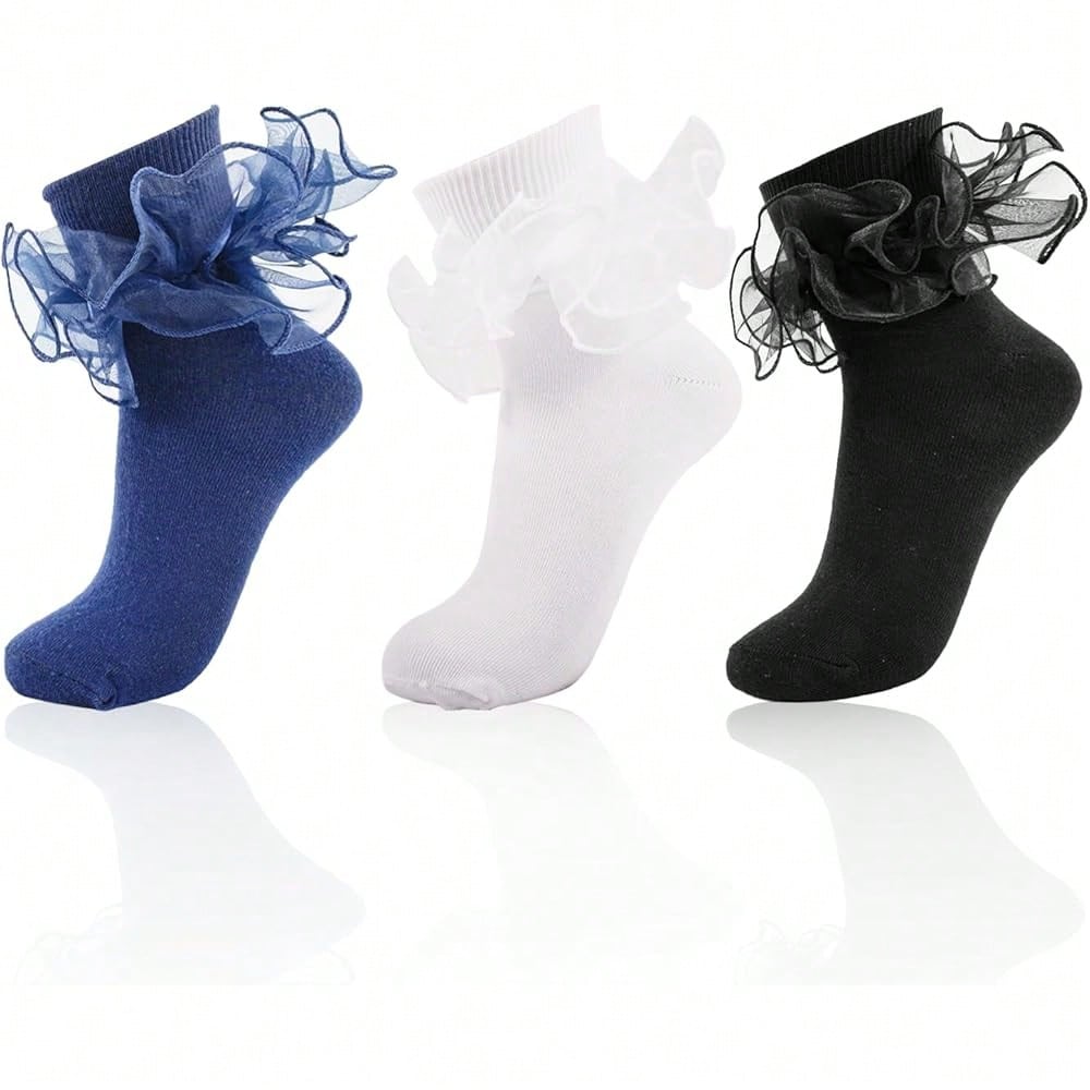 NEW- Women Big Ruffle Ankle Socks,Adult Double Lace Turn Cuff Cotton Frilly Dress Socks Cute Bobby Sock