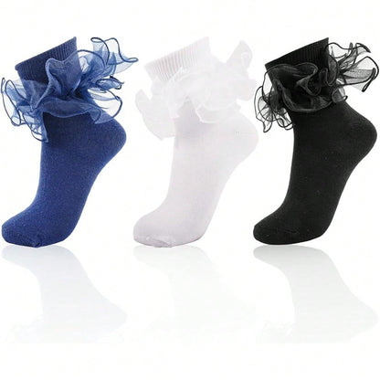 NEW- Women Big Ruffle Ankle Socks,Adult Double Lace Turn Cuff Cotton Frilly Dress Socks Cute Bobby Sock