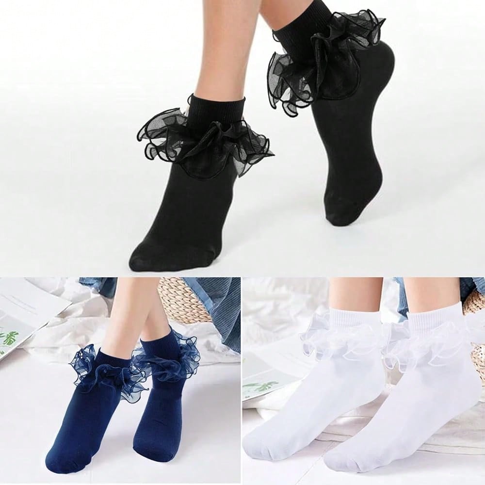 NEW- Women Big Ruffle Ankle Socks,Adult Double Lace Turn Cuff Cotton Frilly Dress Socks Cute Bobby Sock
