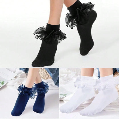NEW- Women Big Ruffle Ankle Socks,Adult Double Lace Turn Cuff Cotton Frilly Dress Socks Cute Bobby Sock