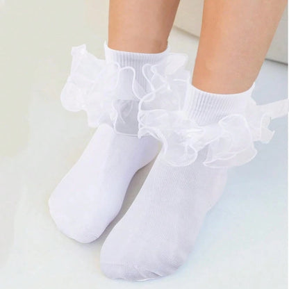 NEW- Women Big Ruffle Ankle Socks,Adult Double Lace Turn Cuff Cotton Frilly Dress Socks Cute Bobby Sock