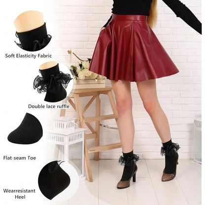 NEW- Women Big Ruffle Ankle Socks,Adult Double Lace Turn Cuff Cotton Frilly Dress Socks Cute Bobby Sock