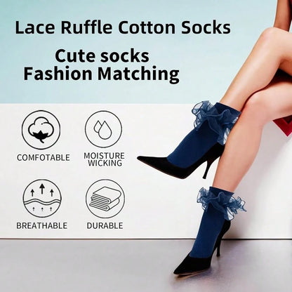 NEW- Women Big Ruffle Ankle Socks,Adult Double Lace Turn Cuff Cotton Frilly Dress Socks Cute Bobby Sock