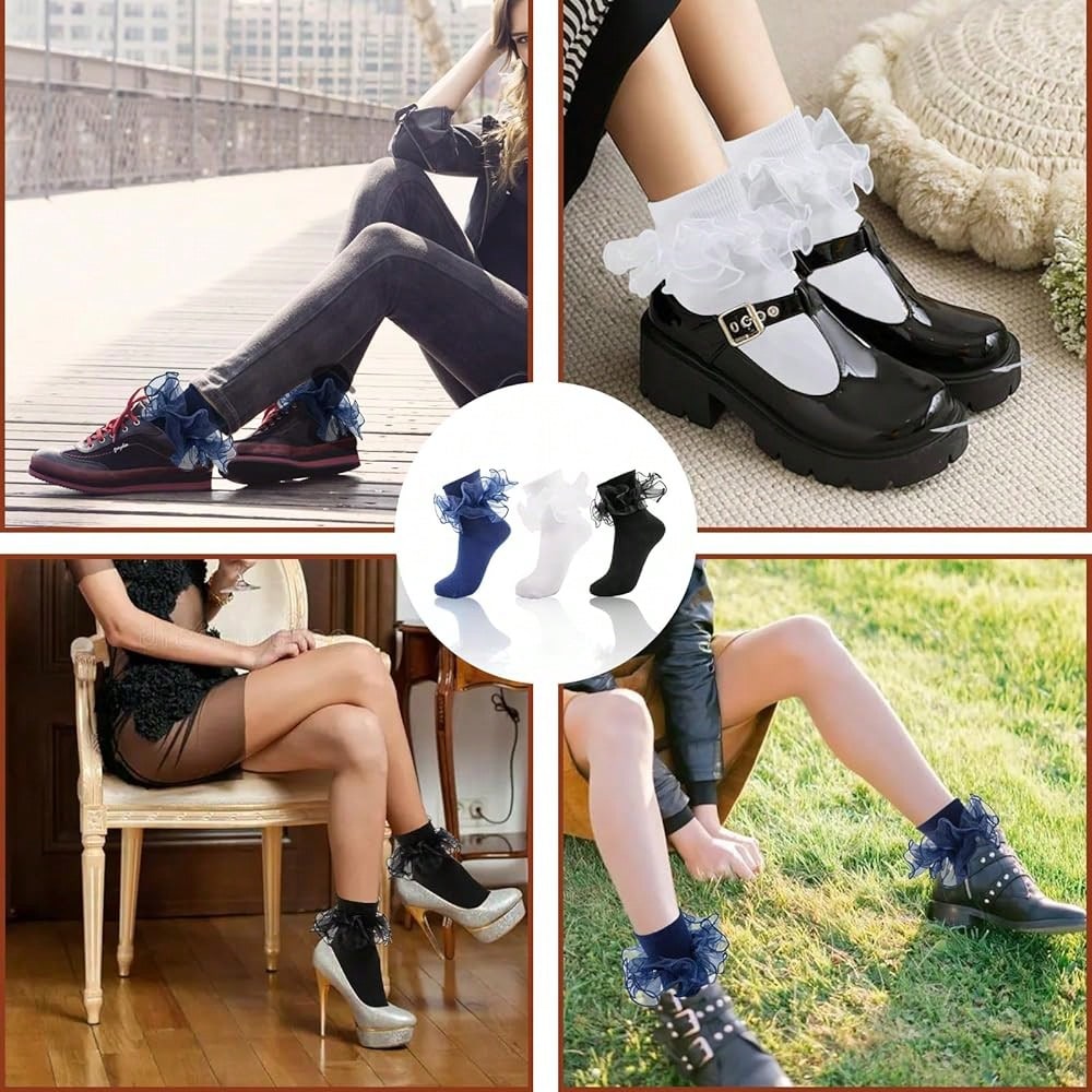 NEW- Women Big Ruffle Ankle Socks,Adult Double Lace Turn Cuff Cotton Frilly Dress Socks Cute Bobby Sock