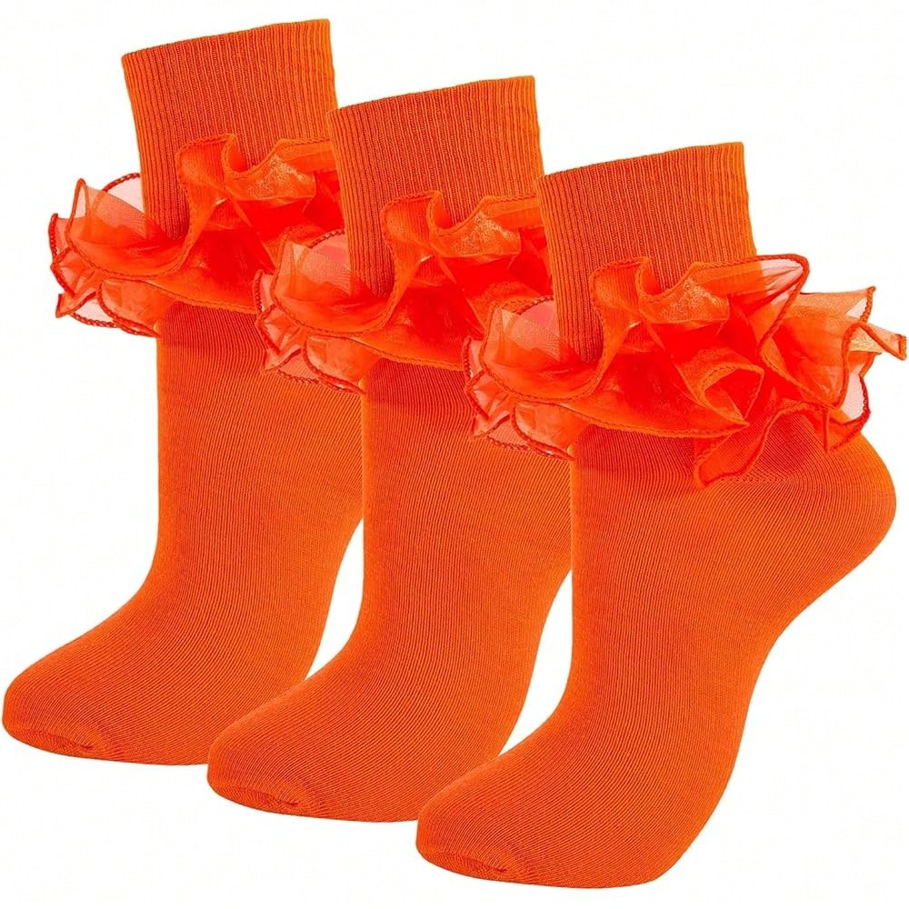 NEW- Women Big Ruffle Ankle Socks,Adult Double Lace Turn Cuff Cotton Frilly Dress Socks Cute Bobby Sock