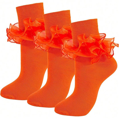 NEW- Women Big Ruffle Ankle Socks,Adult Double Lace Turn Cuff Cotton Frilly Dress Socks Cute Bobby Sock