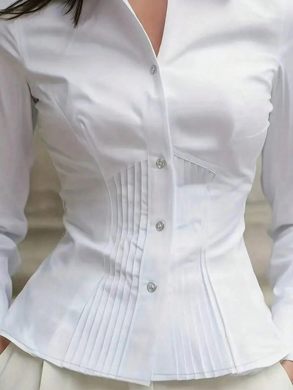 New Women's Elegant Blouse, Fashionable White Long Sleeve Button-Up Shirt With Pleated Design, High-End Sophisticated Style, Professional Minimalist Look, Suitable For Casual Occasions And Dates Sprin