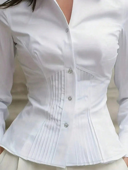 New Women's Elegant Blouse, Fashionable White Long Sleeve Button-Up Shirt With Pleated Design, High-End Sophisticated Style, Professional Minimalist Look, Suitable For Casual Occasions And Dates Sprin