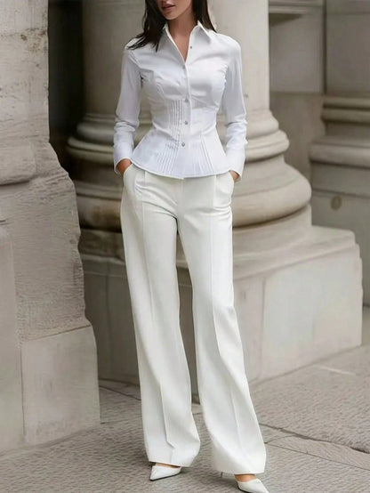 New Women's Elegant Blouse, Fashionable White Long Sleeve Button-Up Shirt With Pleated Design, High-End Sophisticated Style, Professional Minimalist Look, Suitable For Casual Occasions And Dates Sprin
