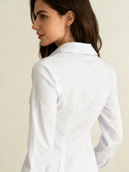 New Women's Elegant Blouse, Fashionable White Long Sleeve Button-Up Shirt With Pleated Design, High-End Sophisticated Style, Professional Minimalist Look, Suitable For Casual Occasions And Dates Sprin