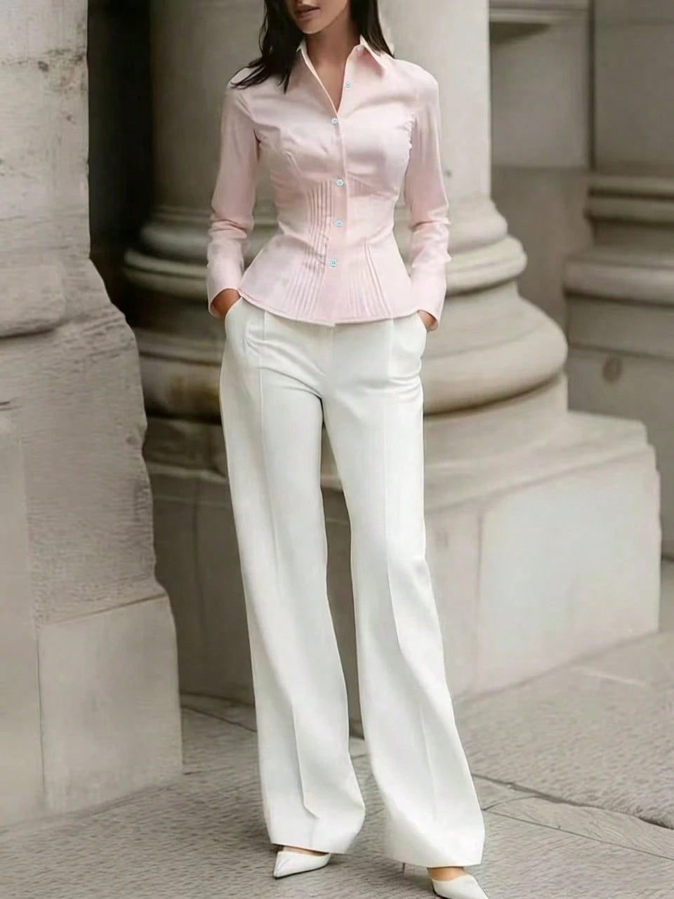 New Women's Elegant Blouse, Fashionable White Long Sleeve Button-Up Shirt With Pleated Design, High-End Sophisticated Style, Professional Minimalist Look, Suitable For Casual Occasions And Dates Sprin