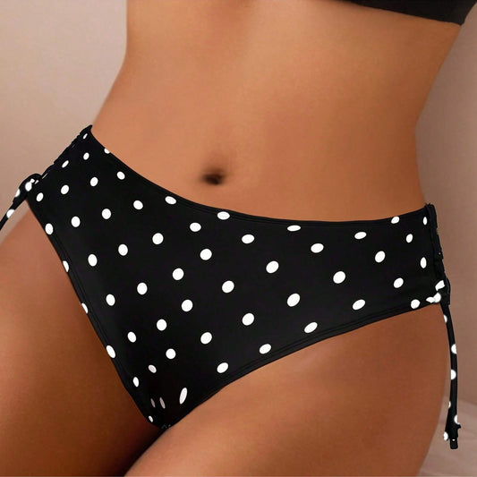 New Women's Fashion Summer Beach Polka Dot Black & White Print Drawstring Bikini Swimwear Vacation