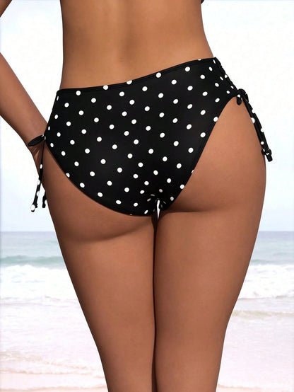 New Women's Fashion Summer Beach Polka Dot Black & White Print Drawstring Bikini Swimwear Vacation