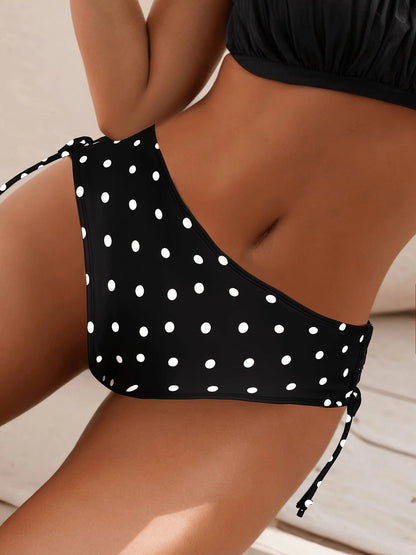 New Women's Fashion Summer Beach Polka Dot Black & White Print Drawstring Bikini Swimwear Vacation