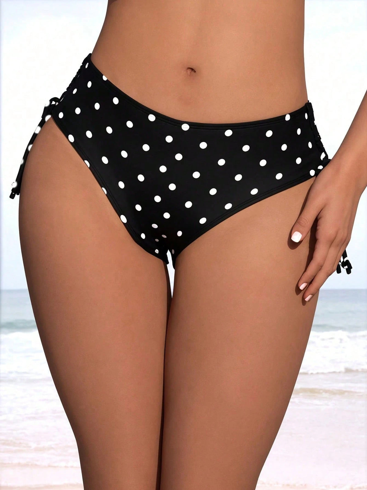 New Women's Fashion Summer Beach Polka Dot Black & White Print Drawstring Bikini Swimwear Vacation