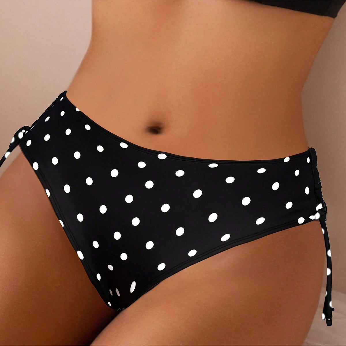New Women's Fashion Summer Beach Polka Dot Black & White Print Drawstring Bikini Swimwear Vacation