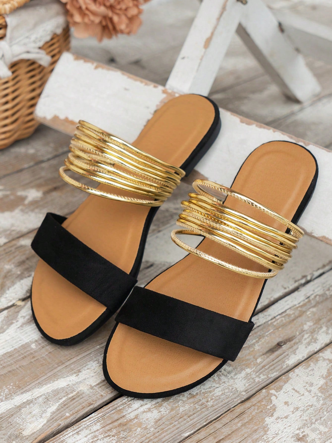 New Women's Flat Roman Sandals With Gold Straps, Slides, Khaki Slippers