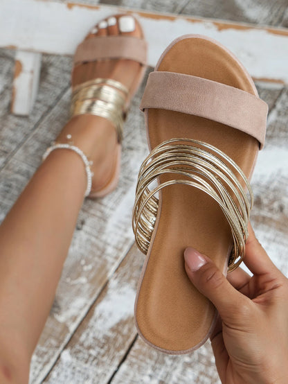 New Women's Flat Roman Sandals With Gold Straps, Slides, Khaki Slippers