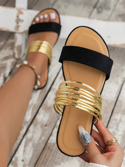 New Women's Flat Roman Sandals With Gold Straps, Slides, Khaki Slippers