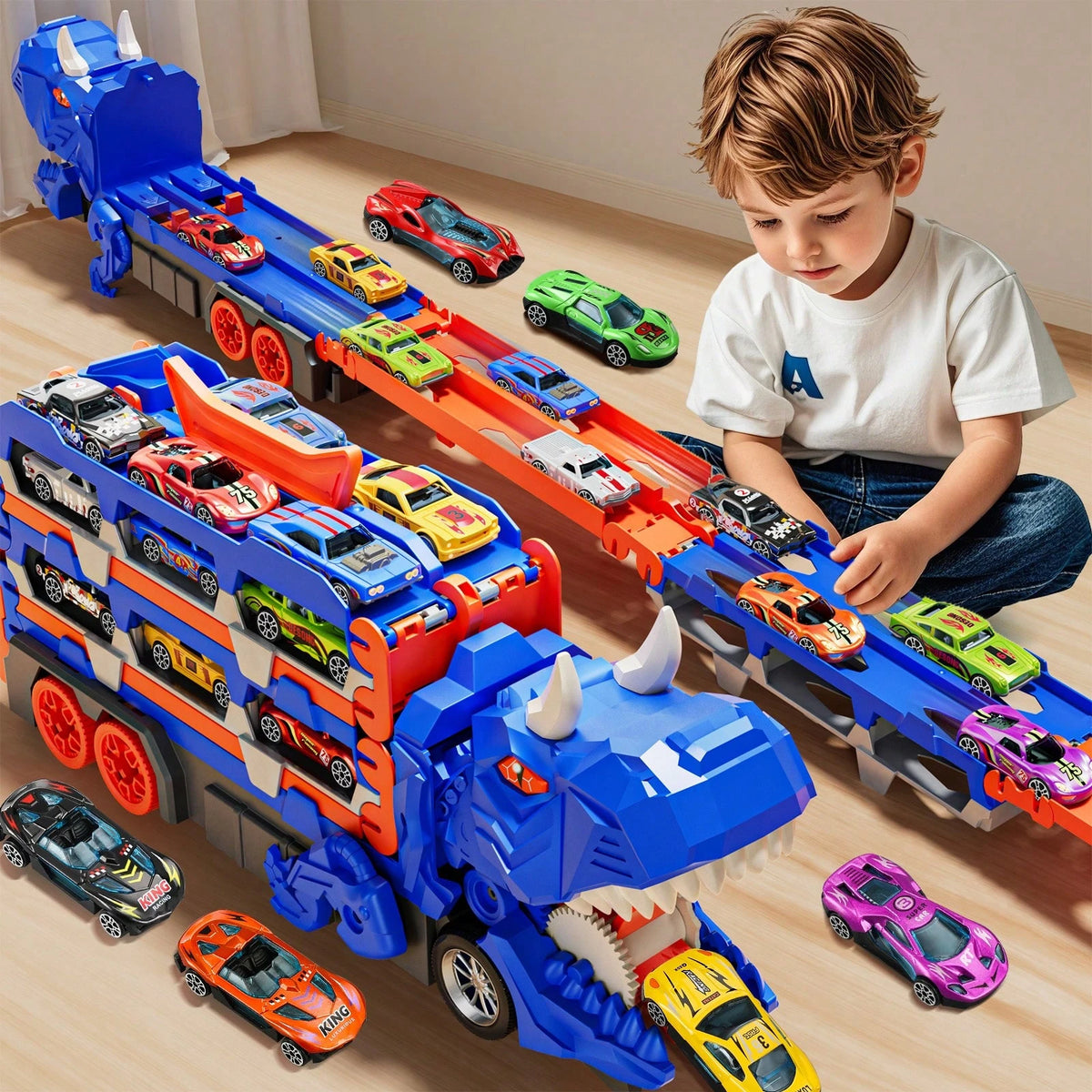 NewBandMo Toddler Car Truck Toys Gifts For 3 4 5 Years Old Boys, Toy Cars Track Set Dinosaur Transport Truck With 12 Pcs Die-Cast Cars Toys, Transforms Into Dino, Toy Gifts For 3 4 5 6 Year Old Boys