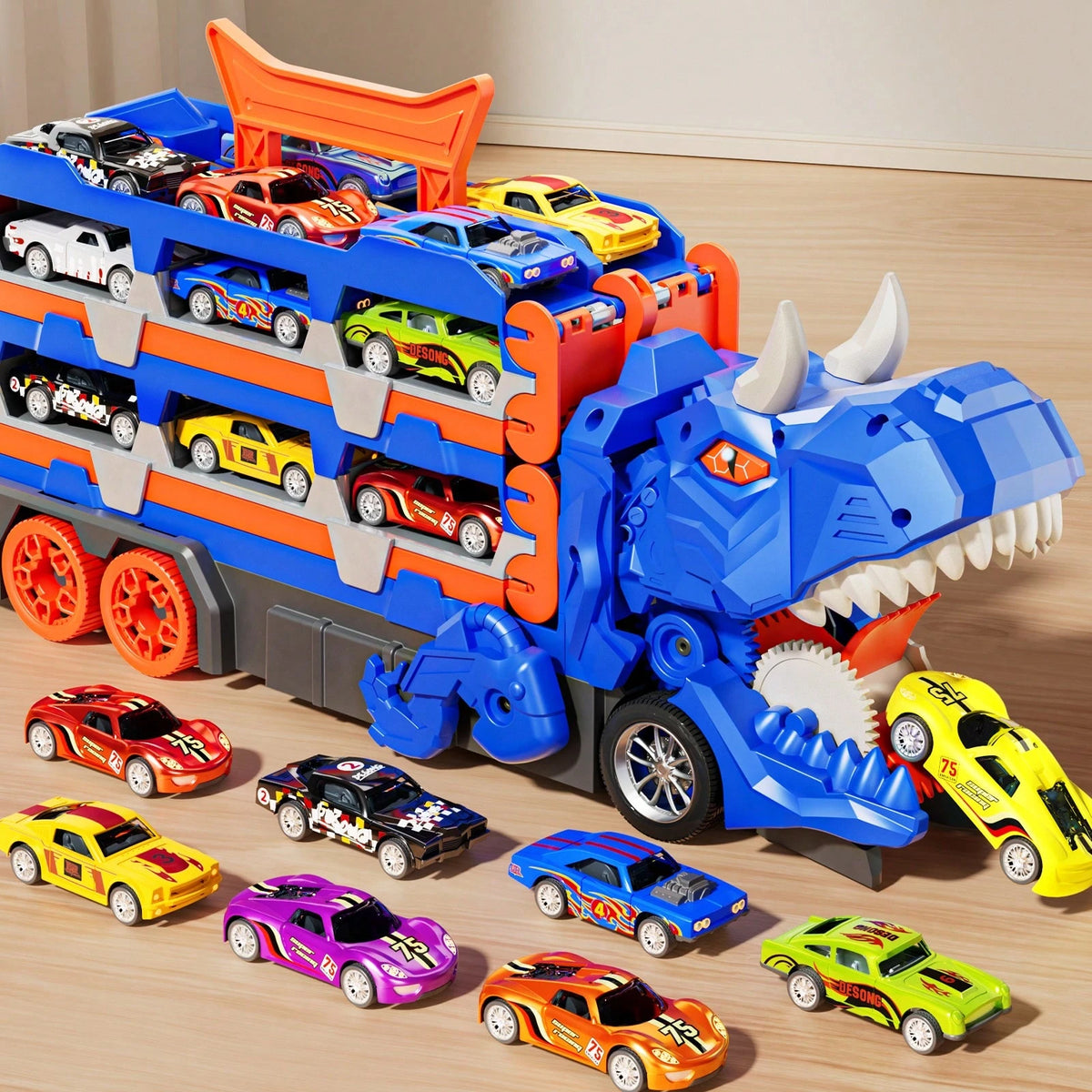 NewBandMo Toddler Car Truck Toys Gifts For 3 4 5 Years Old Boys, Toy Cars Track Set Dinosaur Transport Truck With 12 Pcs Die-Cast Cars Toys, Transforms Into Dino, Toy Gifts For 3 4 5 6 Year Old Boys