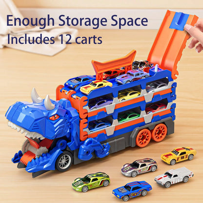 NewBandMo Toddler Car Truck Toys Gifts For 3 4 5 Years Old Boys, Toy Cars Track Set Dinosaur Transport Truck With 12 Pcs Die-Cast Cars Toys, Transforms Into Dino, Toy Gifts For 3 4 5 6 Year Old Boys