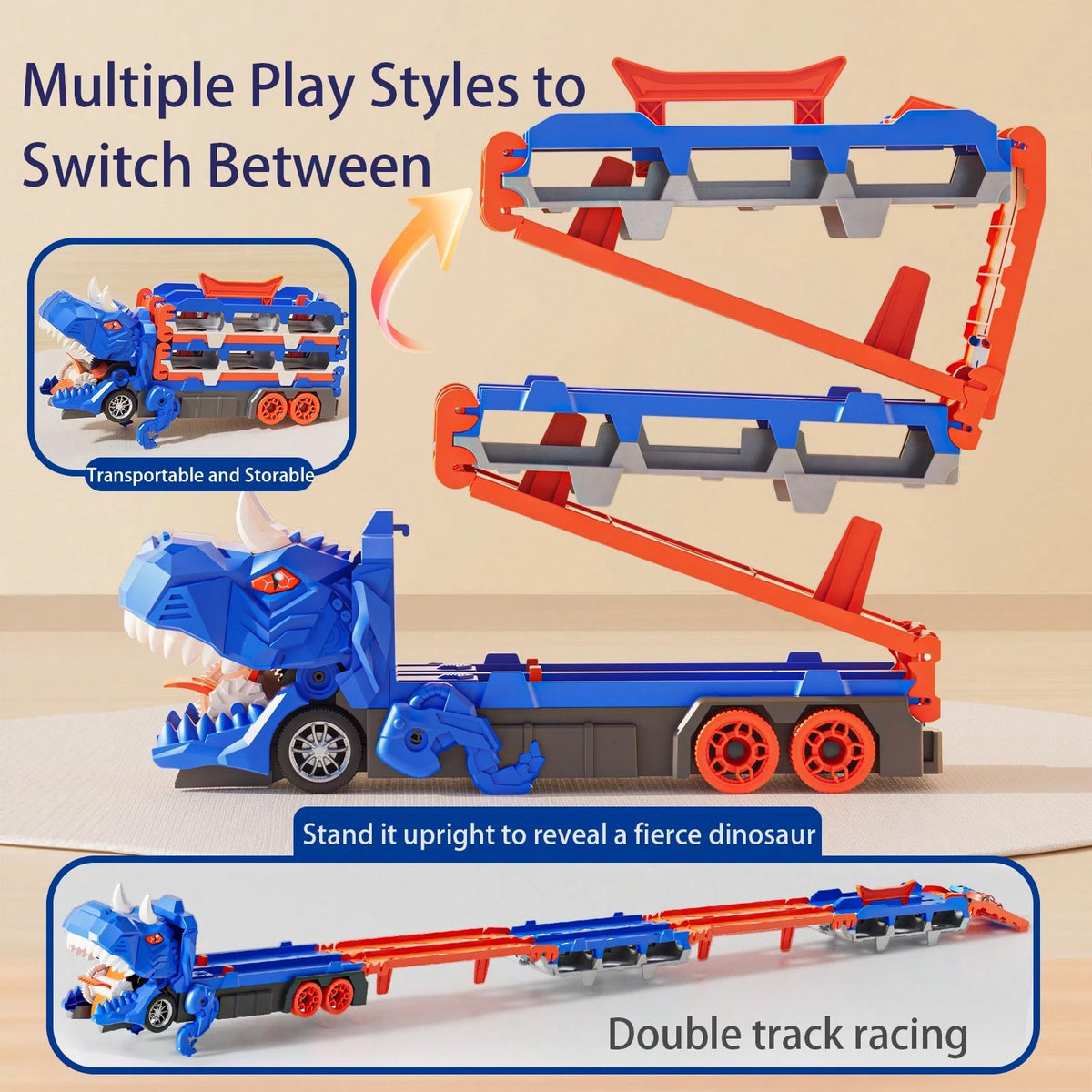 NewBandMo Toddler Car Truck Toys Gifts For 3 4 5 Years Old Boys, Toy Cars Track Set Dinosaur Transport Truck With 12 Pcs Die-Cast Cars Toys, Transforms Into Dino, Toy Gifts For 3 4 5 6 Year Old Boys