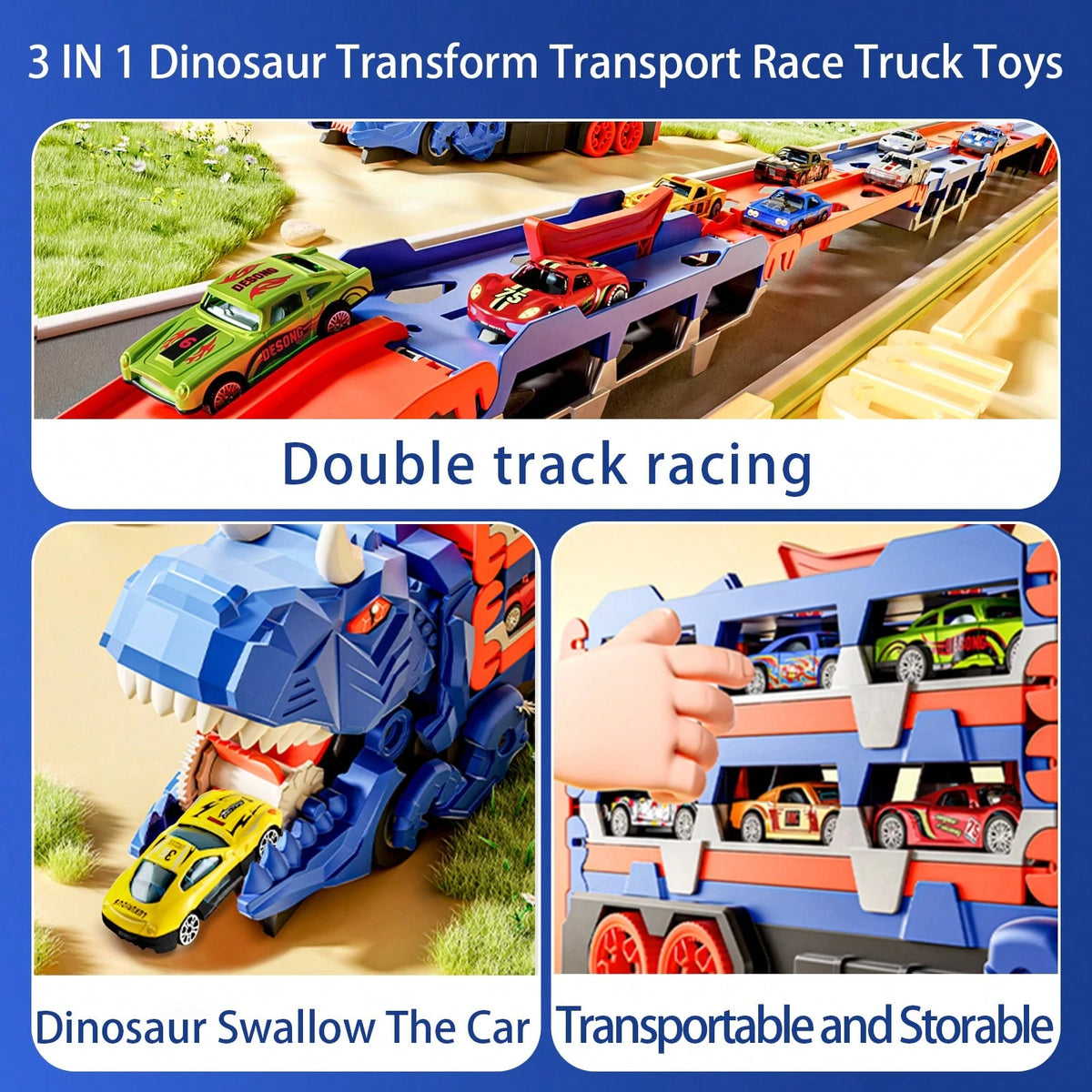 NewBandMo Toddler Car Truck Toys Gifts For 3 4 5 Years Old Boys, Toy Cars Track Set Dinosaur Transport Truck With 12 Pcs Die-Cast Cars Toys, Transforms Into Dino, Toy Gifts For 3 4 5 6 Year Old Boys