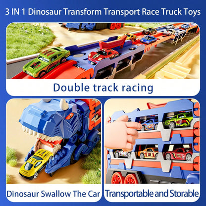 NewBandMo Toddler Car Truck Toys Gifts For 3 4 5 Years Old Boys, Toy Cars Track Set Dinosaur Transport Truck With 12 Pcs Die-Cast Cars Toys, Transforms Into Dino, Toy Gifts For 3 4 5 6 Year Old Boys