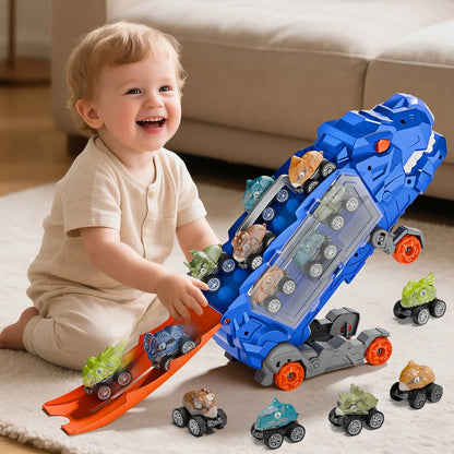 NewBandMo Toddler Car Truck Toys Gifts For 3 4 5 Years Old Boys, Toy Cars Track Set Dinosaur Transport Truck With 12 Pcs Die-Cast Cars Toys, Transforms Into Dino, Toy Gifts For 3 4 5 6 Year Old Boys