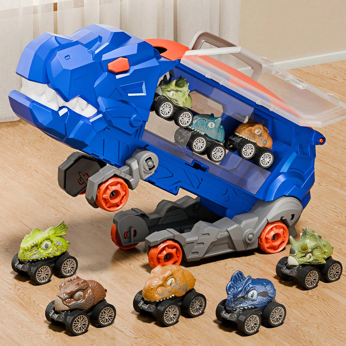 NewBandMo Toddler Car Truck Toys Gifts For 3 4 5 Years Old Boys, Toy Cars Track Set Dinosaur Transport Truck With 12 Pcs Die-Cast Cars Toys, Transforms Into Dino, Toy Gifts For 3 4 5 6 Year Old Boys