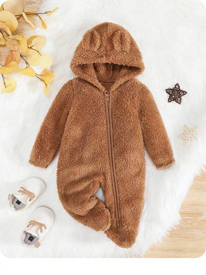 Newborn Baby Boy 3D Ear Design Hooded Zipper Flannel Sleep Autumn Jumpsuit